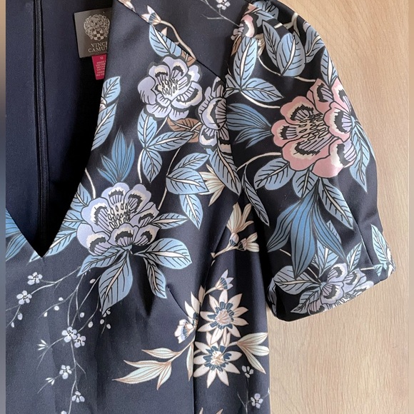 Vince Camuto Floral Navy Blue White Puff Sleeve Sheath Dress Size M 10 - Picture 6 of 15